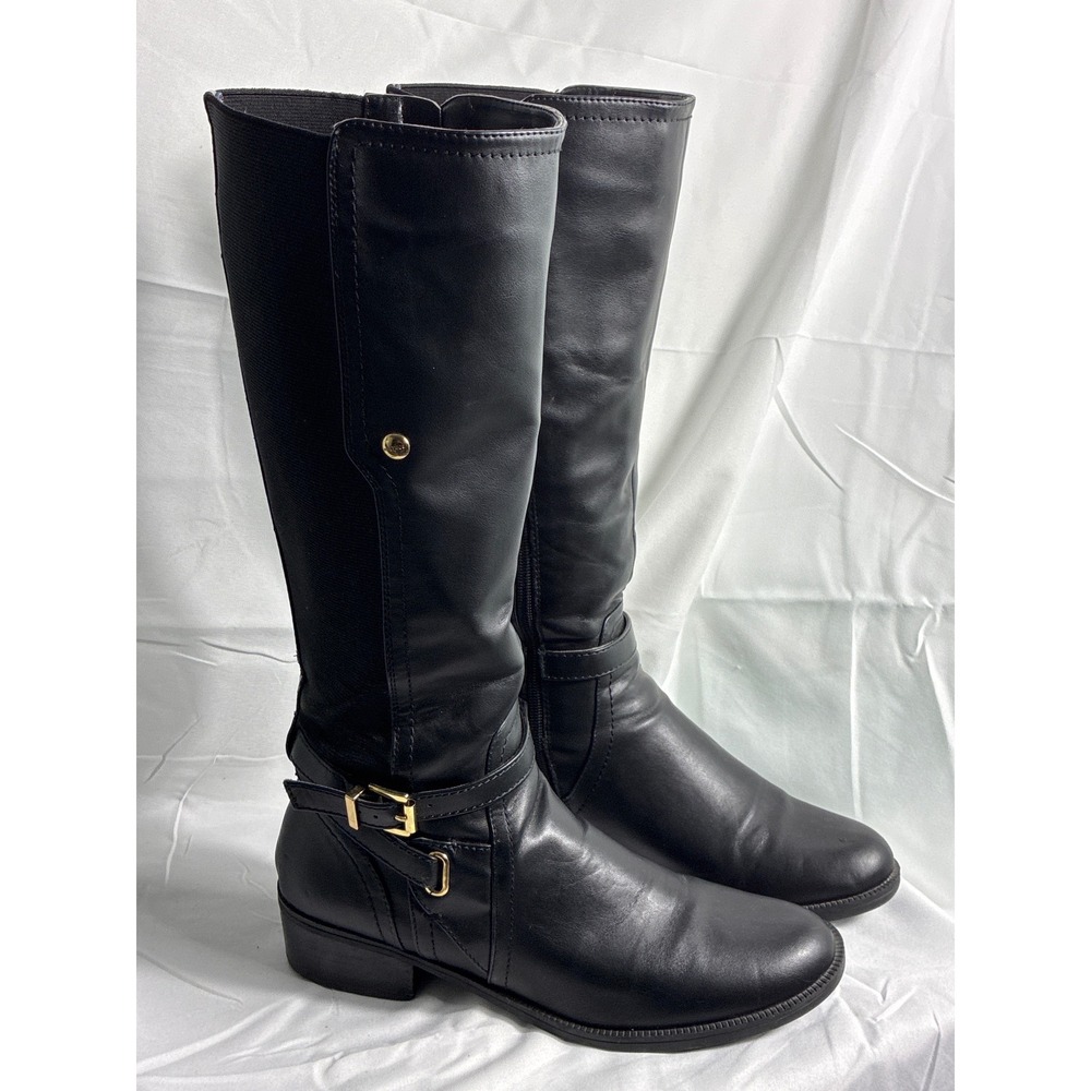 Tommy Hilfiger Womens Black Tall Riding Boots Mixed Media Buckle Size 8.5M